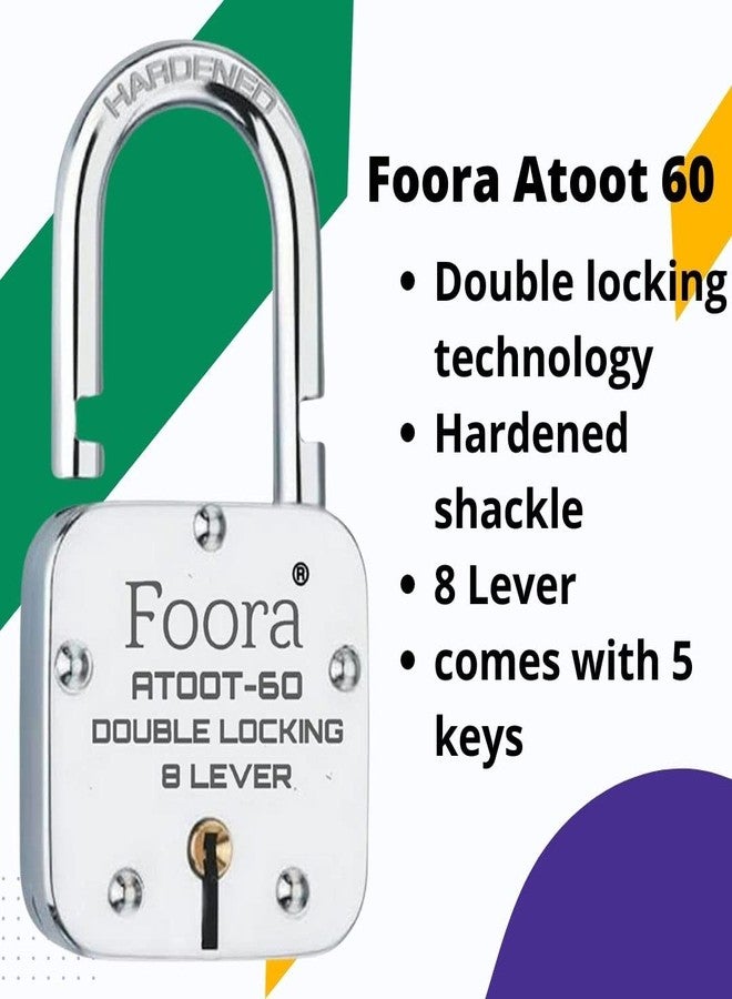 Foora قفل فورا أتوت المزدوج شديد التحمل 60 مم للمنزل والأبواب والبوابات وأبواب المحلات | عبوة من 10 أقفال مع مفاتيح | قفل أمان فولاذي مقاوم للصدأ للأبواب الرئيسية والبوابات - Image 2